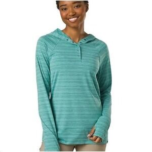 Prana Sol Defender Hoodie Womens Medium Teal Green Striped Snap Henley Pullover